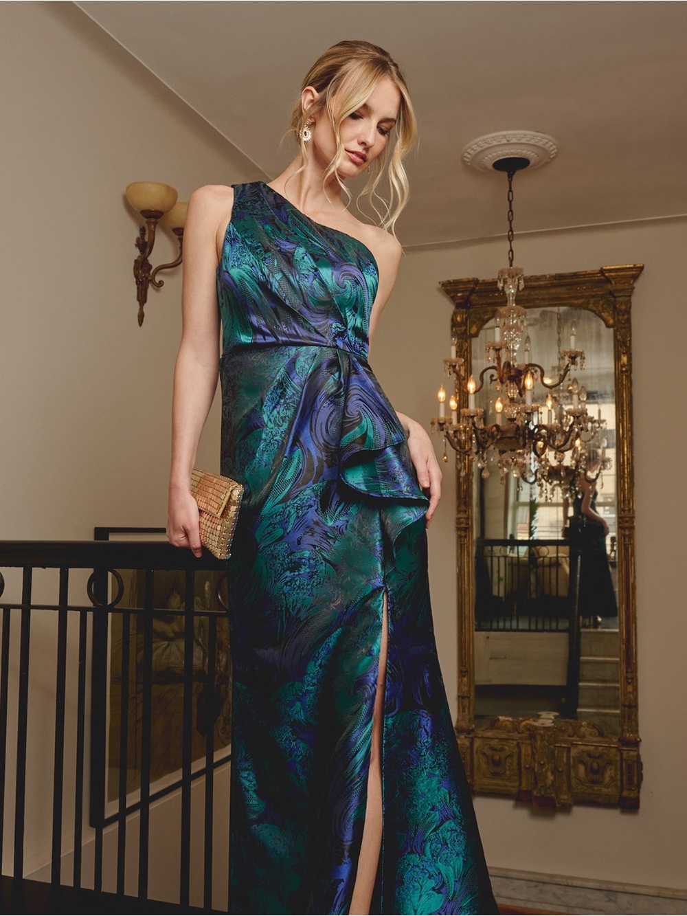 Adrianna Papell One-Shoulder Emerald and Navy Satin Swirl Dress